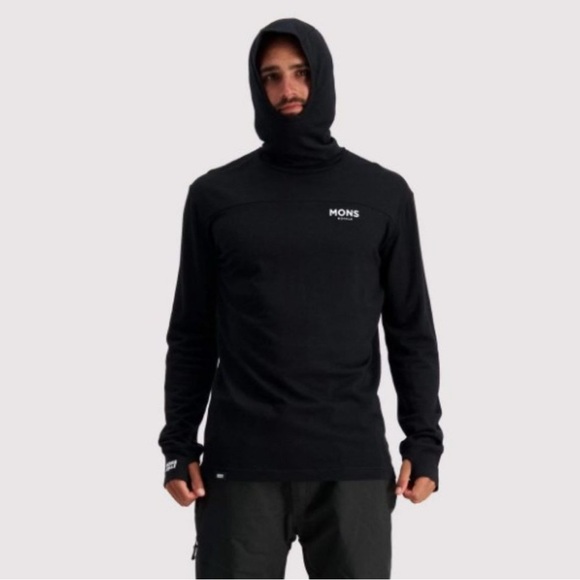 Mons Royale Yotei Powder Hood - Long Sleeve - Black - Large Marino wool Small - Picture 13 of 13